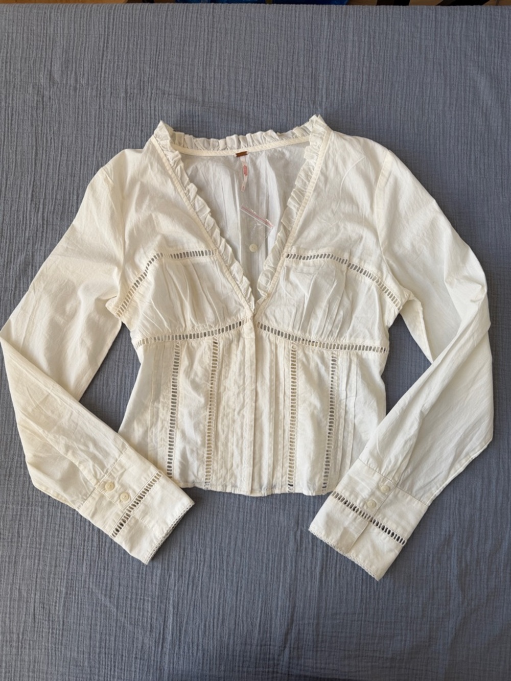 Free People Cream Eyelet Trim Ruffled V-Neck Blouse